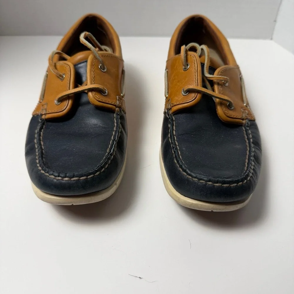 Sebago Dockside Boat Shoes Womens 10 Navy Tan Leather Preppy Nautical Old Money